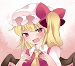  angry ascot blonde_hair blush breast_conscious collared_shirt commentary flandre_scarlet glint hammer_(sunset_beach) hands_on_own_chest hat mob_cap open_mouth red_eyes ribbon shirt short_hair side_ponytail smile solo sweatdrop touhou wings 