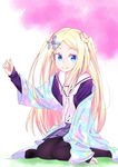  blonde_hair blue_eyes blush flower hair_bun hana_n_fountainstand hanayamata high_resolution highres japanese_clothes kimono long_hair pantyhose school_uniform smile wafuku 