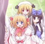 :d :o black_hair blonde_hair blue_eyes blush bow dress drill_hair frilled_sleeves frills hair_bow hat long_hair luna_child lzh multiple_girls open_mouth red_eyes short_hair smile star_sapphire sunny_milk touhou twintails wide_sleeves wings 