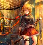  animal_ears blonde_hair fingerless_gloves fox_ears gloves katana original red_eyes sakura_ani scabbard scarf sheath short_hair skirt solo standing sword thigh_strap weapon 