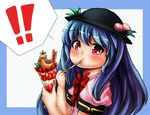 1girl blue_hair bow eating food fruit hat hinanawi_tenshi ice_cream long_hair looking_at_viewer maru_daizu_(aqua6233) parfait peach plump red_eyes solo spoon spoon_in_mouth strawberry touhou 