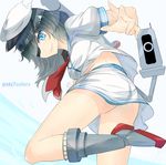  artist_name ass black_hair blue_eyes boots cannon eyepatch grin hat kantai_collection kiso_(kantai_collection) long_hair looking_back puffy_short_sleeves puffy_sleeves sailor_collar school_uniform serafuku short_sleeves skirt smile solo sts text_focus torn_clothes torn_hat twitter_username water wet white_skirt 