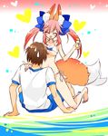  1girl animal_ears bikini blush bow breasts brown_hair fate/extra fate_(series) fox_ears fox_tail full_body gym_uniform hair_bow heart kettle21 kishinami_hakuno_(male) large_breasts navel open_mouth pink_hair sweat swimsuit tail tamamo_(fate)_(all) tamamo_no_mae_(fate) twintails 