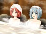  bad_id bad_pixiv_id blue_eyes blue_hair censored collarbone convenient_censoring mahou_shoujo_madoka_magica miki_sayaka multiple_girls nude onsen red_eyes red_hair sakura_kyouko shiina_kuro short_hair steam steam_censor towel towel_on_head 