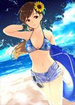  bangle beach bikini bikini_top bracelet breasts brown_eyes brown_hair collarbone cutoffs day dutch_angle earrings eyewear_hang eyewear_removed flower gustav_(telomere_na) hair_flower hair_ornament hand_in_hair idolmaster idolmaster_cinderella_girls innertube jewelry long_hair looking_at_viewer medium_breasts midriff navel nitta_minami open_fly outdoors ponytail shiny shiny_skin short_shorts shorts smile solo standing sunglasses swimsuit unzipped water 