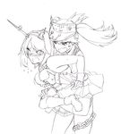  blew_andwhite blush breast_envy breast_grab carrying chain grabbing greyscale hat headgear highres kantai_collection lineart monochrome multiple_girls mutsu_(kantai_collection) open_mouth piggyback ryuujou_(kantai_collection) short_hair sketch skirt twintails wince 