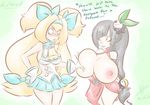  black_hair blazblue blonde_hair blush breast_grab breast_padding breast_squeeze breasts grabbing huge_breasts litchi_faye_ling long_hair multiple_girls nipples platinum_the_trinity silicone yuri 