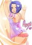  ahoge ass blue_hair blush breasts butt_crack chemise highres idolmaster idolmaster_(classic) inoue_sora large_breasts looking_at_viewer miura_azusa open_mouth panties purple_eyes red_panties see-through see-through_silhouette short_hair smile solo underwear 