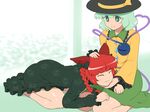  :3 animal_ears animal_print braid cat_ears cat_print chin_tickle closed_eyes commentary dress green_dress green_eyes green_hair hair_bobbles hair_ornament hand_on_hip hat hat_ribbon kaenbyou_rin komeiji_koishi lap_pillow long_sleeves multiple_girls petting purring red_hair ribbon shirosato shirt sitting skirt third_eye touhou twin_braids wide_sleeves 