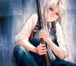  blonde_hair blue_eyes dark_skin gun gunslinger_girl long_hair necktie shotgun triela weapon yukiguni_(ykgn) 