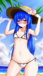  alternate_costume beach bikini blue_hair blush breasts cloud day embarrassed food fruit hands_on_headwear hat hinanawi_tenshi holding kneeling long_hair looking_at_viewer momoiro_lettuce navel nose_blush ocean outdoors peach red_eyes sky small_breasts solo stomach straw_hat sun_hat swimsuit touhou white_bikini wide_hips 