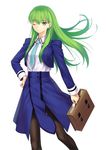  alternate_hairstyle bad_id bad_pixiv_id bag green_eyes green_hair hair_ornament hairclip hand_on_hip holding katsuragi_chikagi long_hair looking_at_viewer mahou_tsukai_no_hako necktie one_eye_closed pantyhose school_bag school_uniform simple_background solo tsukikanade white_background wind 