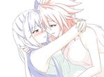  amou_kanade blue_hair blush hands_on_shoulders hiiragi_natsume hug kazanari_tsubasa long_hair multiple_girls red_hair senki_zesshou_symphogear yuri 