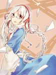  alternate_hairstyle bespectacled blurry book braid carrying depth_of_field glasses hair_ornament hairband kagerou_project kozakura_marry light_brown_hair long_hair looking_at_viewer na2co3 object_hug open_mouth paper rimless_eyewear single_braid solo wind 