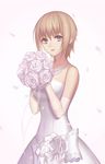  bad_id bad_pixiv_id blonde_hair bouquet bride character_request commentary_request dress elbow_gloves flower gloves grey_eyes jewelry light_smile necklace pearl_necklace petals phantasy_star phantasy_star_online_2 rose short_hair solo strapless strapless_dress wedding_dress white_background white_dress white_flower white_gloves white_rose zek_(zecola) 