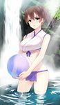  adapted_costume ball beachball breasts brown_hair day fundoshi gin_(ginshari) japanese_clothes kaga_(kantai_collection) kantai_collection large_breasts no_pants short_hair side_ponytail solo wading water waterfall 