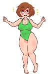  barefoot blush_stickers breasts brown_eyes brown_hair cleavage curvy glasses inkerton-kun jumping large_breasts nikki_(swapnote) one-piece_swimsuit red-framed_eyewear short_hair smile solo swapnote swimsuit 