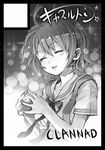  antenna_hair bad_id bad_pixiv_id black_border border circle_cut clannad closed_eyes furukawa_nagisa greyscale hikarizaka_private_high_school_uniform lowres monochrome school_uniform serafuku short_hair solo yuugen 