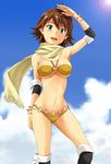  aqua_eyes awakened_miki bad_id bad_pixiv_id bandeau bikini boots bracelet breasts brown_hair cleavage cloud day earrings fringe_trim halter_top halterneck hoshii_miki idolmaster idolmaster_(classic) jewelry large_breasts lens_flare navel nishi_(count2.4) o-ring o-ring_top scarf shiny shiny_skin short_hair sky smile solo swimsuit 