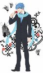  ano_(sbee) blue_eyes blue_hair blue_neckwear blue_scarf bug butterfly flower formal full_body holding holding_flower insect kaito male_focus necktie saihate_(vocaloid) scarf solo standing suit vocaloid zebra 