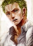  earrings green_hair jewelry lack male_focus one_piece painterly realistic roronoa_zoro solo 