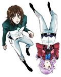  1girl anew_returner bad_id bad_pixiv_id boots brown_hair celestial_being_uniform couple cropped_jacket gloves gundam gundam_00 hetero higi_(rodriguez) lavender_hair lyle_dylandy upside-down 