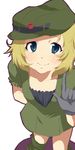  blonde_hair blue_eyes blush buttons dress flat_cap freckles gloves gundam hat highres loose_socks mellowd personification short_dress short_hair smile socks solo zaku zaku_i 