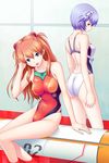  adjusting_hair ass ayanami_rei back-to-back blue_eyes blue_hair breasts competition_swimsuit covered_nipples fat_mons highres kuri_(kurigohan) lcl looking_back medium_breasts multiple_girls neon_genesis_evangelion one-piece_swimsuit orange_hair red_eyes sitting souryuu_asuka_langley submerged swimsuit 
