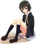  amagami black_jacket jacket kibito_high_school_uniform kneehighs long_sleeves nanasaki_ai school_uniform shoes short_hair sitting skirt socks solo yoshida_on 