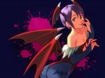  animal_print bat_print bridal_gauntlets demon_girl demon_wings edo_umi flat_chest head_wings leotard lilith_aensland pantyhose print_legwear purple_hair red_leotard solo succubus vampire_(game) wings 