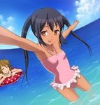  armpits bad_id bad_pixiv_id black_hair brown_eyes closed_eyes flat_chest foreshortening hashi hirasawa_yui innertube k-on! long_hair multiple_girls nakano_azusa one-piece_swimsuit outstretched_arms pink_swimsuit polka_dot spread_arms swimsuit tan twintails wading water 