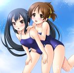  :o bent_over black_hair blush breasts brown_eyes cleavage competition_school_swimsuit day flat_chest hair_ribbon hirasawa_ui hug hug_from_behind k-on! long_hair medium_breasts multiple_girls nakano_azusa narutaki_shin one-piece_swimsuit open_mouth outdoors ponytail ribbon short_hair smile splashing standing swimsuit twintails very_long_hair yuri 