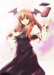  bat_wings black_skirt book hand_on_own_chest hands head_wings koakuma lefthand long_hair long_skirt necktie pointy_ears red_eyes red_hair skirt skirt_set smile solo touhou wings 