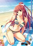  barefoot beach bikini breasts cleavage day fang feet large_breasts long_hair nakajima_yuka ocean original outdoors ponytail red_eyes red_hair sample sitting solo striped striped_bikini sunglasses swimsuit yokozuwari 