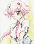  one_eye_closed pink_hair school_uniform shishidou_akiha solo sora_wo_kakeru_shoujo surre_academy_uniform traditional_media wawon 