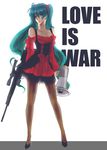  aqua_hair bad_id bad_pixiv_id blue_eyes breasts cleavage detached_sleeves dress gun hatsune_miku highres koi_wa_sensou_(vocaloid) kyouko_(roughplus) long_hair medium_breasts megaphone pantyhose red_skirt rifle short_dress simple_background skirt solo twintails vocaloid weapon 