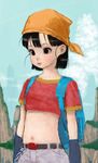  babydoll_t-shirt backpack bad_id bad_pixiv_id bag bandana belt black_eyes black_hair blush chain child crop_top dragon_ball dragon_ball_gt flat_chest midriff navel pan_(dragon_ball) pon short_hair smile solo 