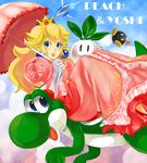  aircraft airplane artist_request blonde_hair blue_eyes bob-omb bomb crown dress earrings elbow_gloves gloves jewelry long_hair mario_(series) pink_dress pink_umbrella princess_peach radish smile star_fox super_mario_bros. super_smash_bros. umbrella yoshi 