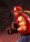  baseball_cap belt buckle clenched_hands cowboy_shot denim fatal_fury fighting_stance from_side hat jeans male_focus muscle pants rugal_bernstein simulex solo terry_bogard the_king_of_fighters upper_body 