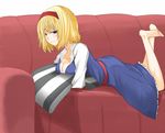  alice_margatroid barefoot blonde_hair blush breast_press breasts cleavage couch feet hairband hane_(hanegoya) lying medium_breasts on_stomach pillow pillow_hug smile solo touhou 