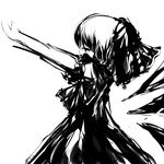  arms_up cirno from_side greyscale half-closed_eyes hanuu monochrome outstretched_arms profile puffy_short_sleeves puffy_sleeves short_sleeves simple_background solo touhou upper_body white_background 