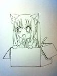  animal_ears ayasugi_motoya bad_id bad_pixiv_id box cardboard_box cat_ears chibi highres in_box in_container k-on! monochrome nakano_azusa sketch solo tail tears 