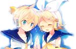  1girl blonde_hair blue_eyes brother_and_sister hair_ornament hair_ribbon hairclip hara_yui headphones headset kagamine_len kagamine_rin necktie ribbon short_hair siblings symmetrical_hand_pose twins vocaloid 