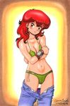  bikini blush bracer breasts brown_eyes denim james_bender jeans magami_eiko pants pants_pulled_down project_a-ko red_hair redhead smile swimsuit 