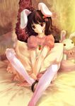  :x animal_ears bad_id bad_pixiv_id bed brown_eyes brown_hair bunny_ears hair_ornament hairclip heart inaba_tewi lilithbloody pantyhose pillow sitting solo stuffed_animal stuffed_toy touhou v_arms white_legwear 