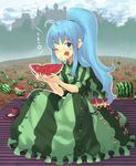  ;q aki_(mare_desiderii) bad_id bad_pixiv_id blue_eyes blue_hair dress earrings field food food_print food_themed_clothes fruit holding holding_food holding_fruit jewelry long_hair one_eye_closed original ponytail sitting solo tongue tongue_out watermelon watermelon_print 