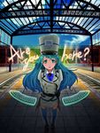  arms_behind_back bad_id bad_pixiv_id blue_hair copyright_request english green_eyes hat long_hair shako_cap skirt solo tactile_paving thighhighs train_attendant train_station uniform yuugen zettai_ryouiki 