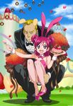  1girl :d animal_ears ass bouquet bunbee_(yes!_precure_5) bunny_ears bunnysuit butler cake carrying dog_ears dog_tail eyelashes fishnet_pantyhose fishnets flower food fork groping height_difference legs maeashi open_mouth pantyhose pastry pink_hair precure red_flower red_rose rose short_hair size_difference smile tail tuxedo twintails two_side_up yes!_precure_5 yumehara_nozomi 