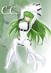  arms_up bodysuit breasts c.c. character_name code_geass green_hair high_heels large_breasts long_hair looking_at_viewer renton solo white_bodysuit yellow_eyes zoom_layer 