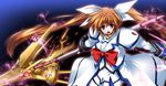  alternate_weapon blush bow fingerless_gloves gloves hair_ribbon huge_weapon long_hair lyrical_nanoha magazine_(weapon) magical_girl mahou_shoujo_lyrical_nanoha_strikers nanairo_souga purple_eyes raising_heart red_bow red_hair ribbon solo takamachi_nanoha twintails waist_cape weapon white_devil 